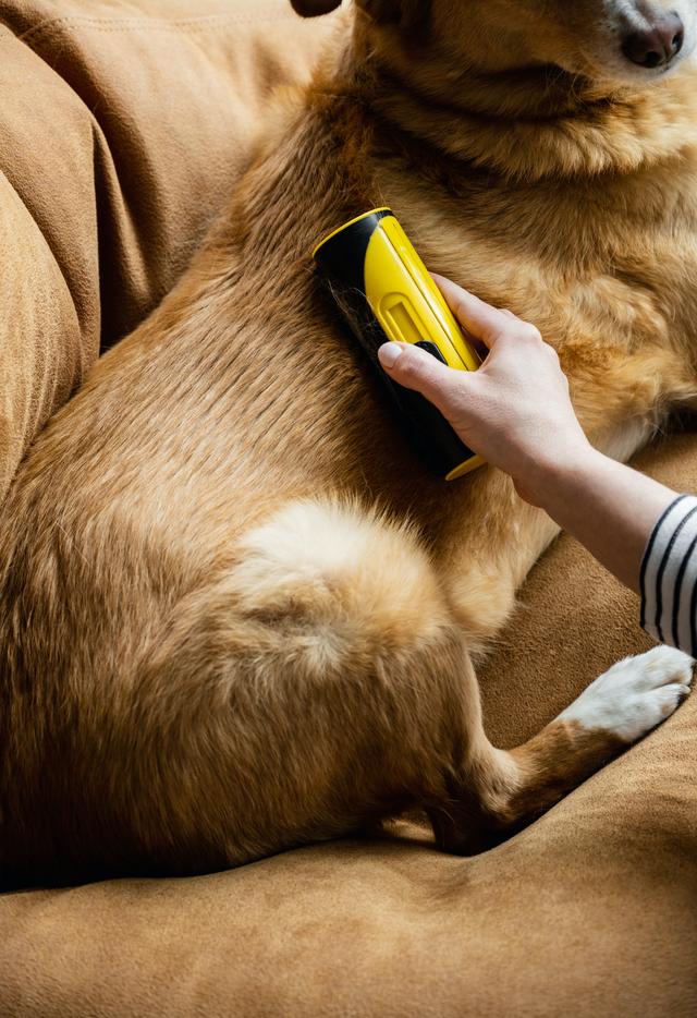 Brown dog being brushed with orange curry brush